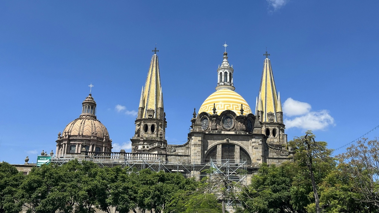 Puebla Cathedral and surrounding historic center with Talavera tile facades