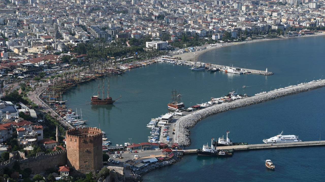 Port cranes and industrial zone at dusk in a Turkish coastal city