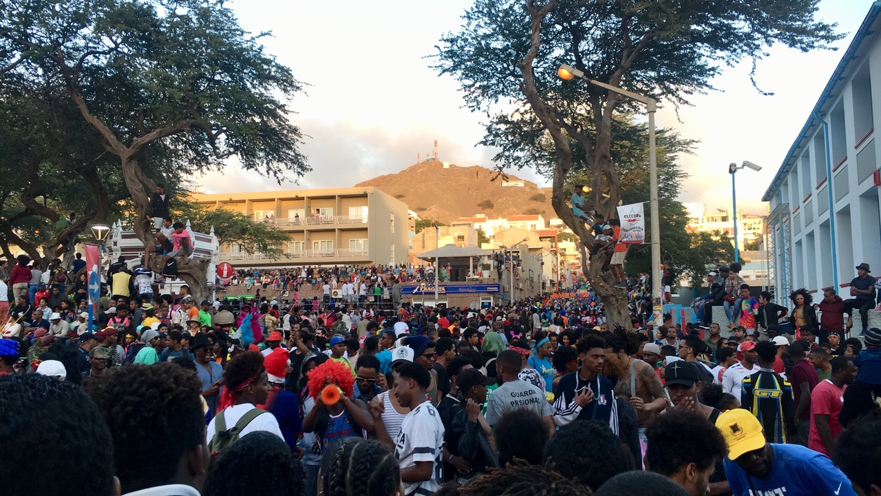 Costumed performers in Mindelo carnival parade