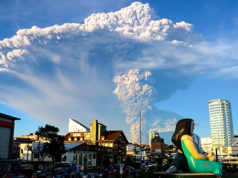 Calbuco volcano in Chile erupting with a massive ash plume and lightning