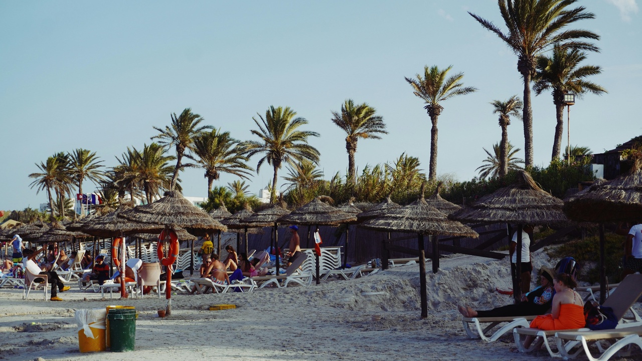 Mediterranean coastline in Tunisia with blue sea and historic town