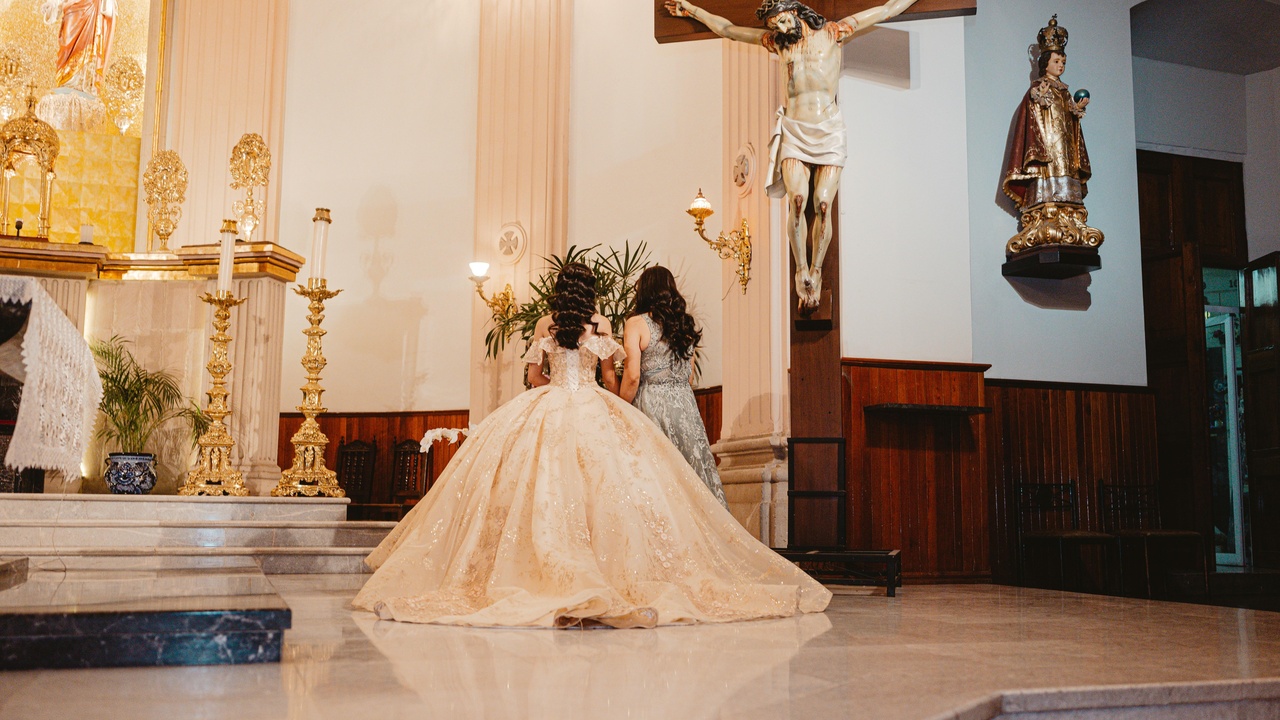 Quinceañera dress and family celebration.