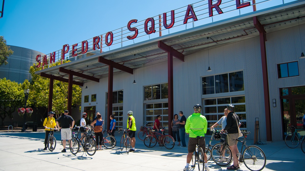 San Pedro Square Market outdoor seating and Santana Row storefronts in San Jose