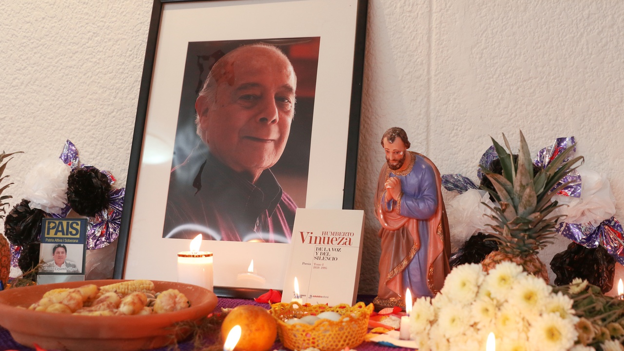 Family altar with marigolds and sugar skulls for Día de los Muertos