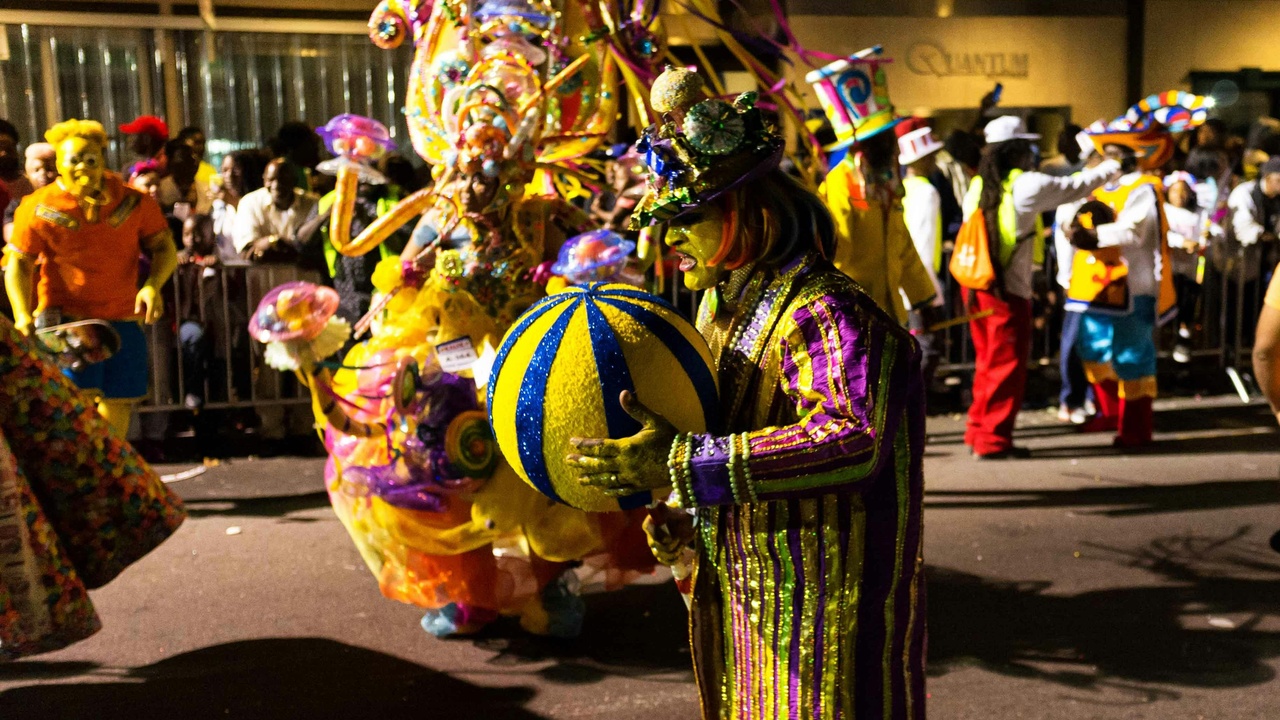 Trinidad Carnival costume, steelpan performance and street food like doubles