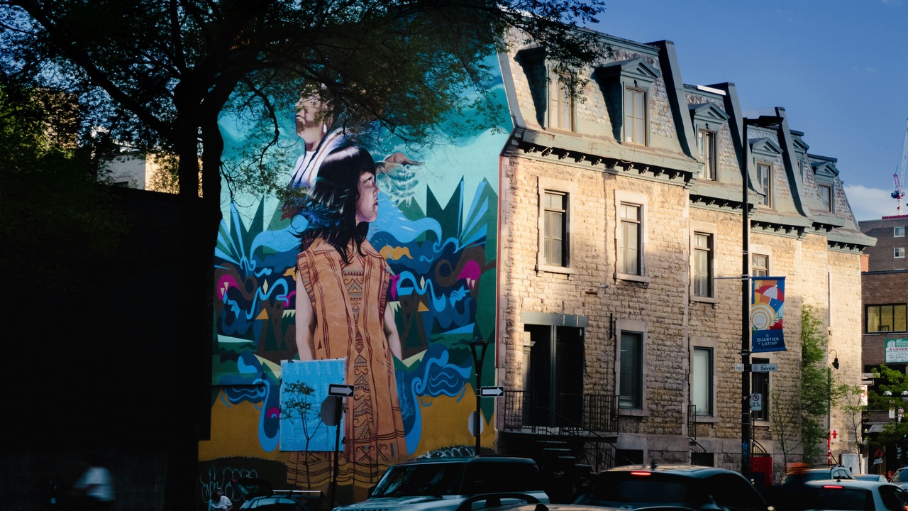 Aboriginal art motif beside the Sydney skyline with Melbourne laneway coffee culture in the foreground