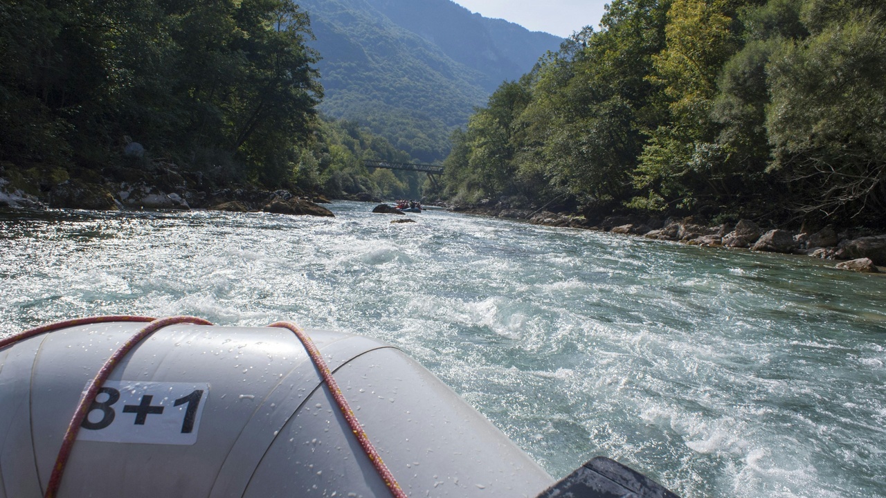 Rafting on the Tara River with canyon walls rising on both sides