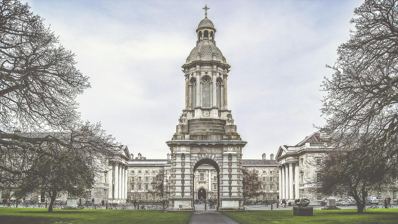 Trinity College Dublin campus with students and historic buildings