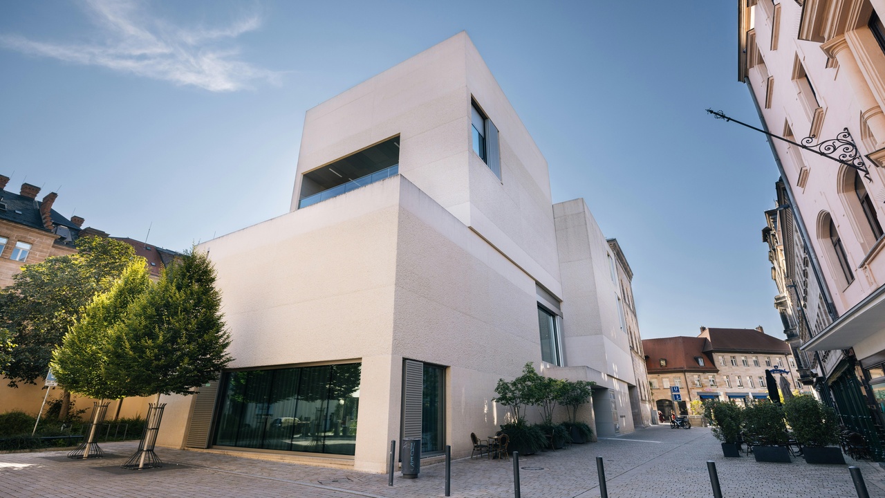 Museum interior with modern art pieces on display