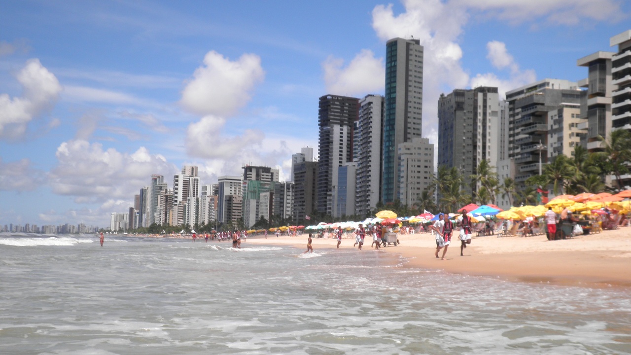 Aerial view of Boa Viagem beach and the reef-lined Recife coastline