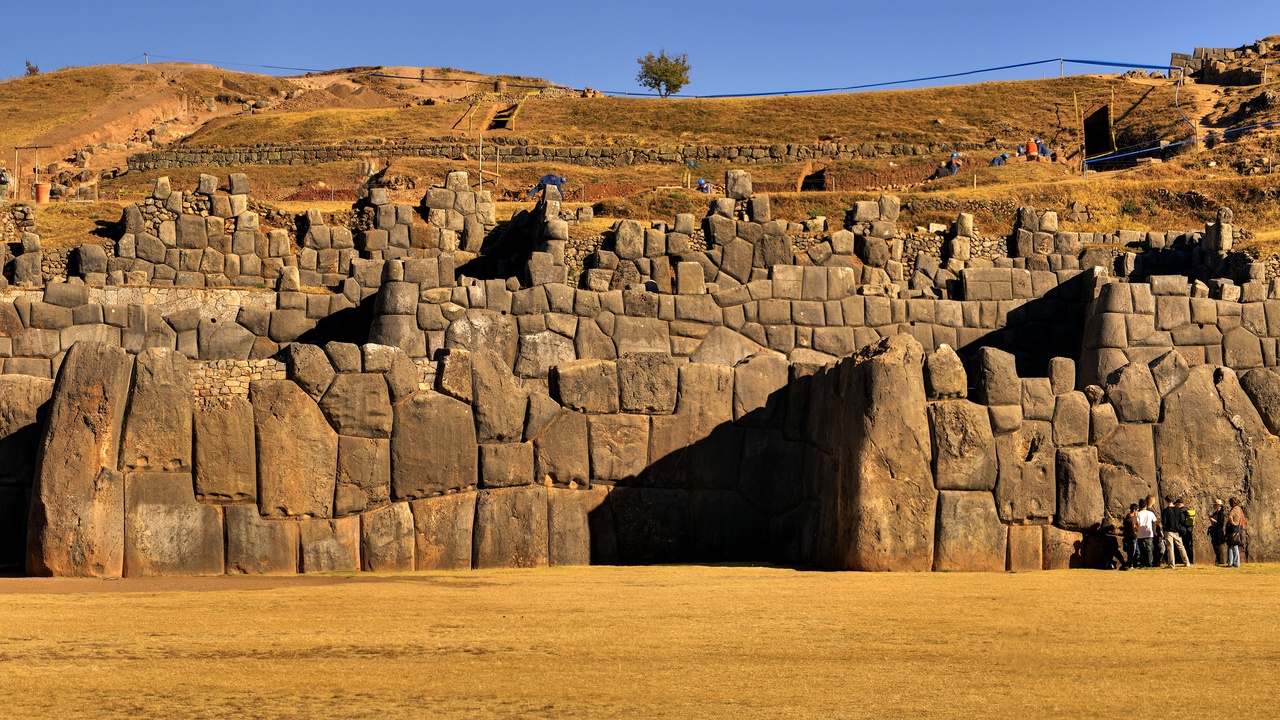 Panoramic view of Sacsayhuamán terrace walls above Cusco, Peru
