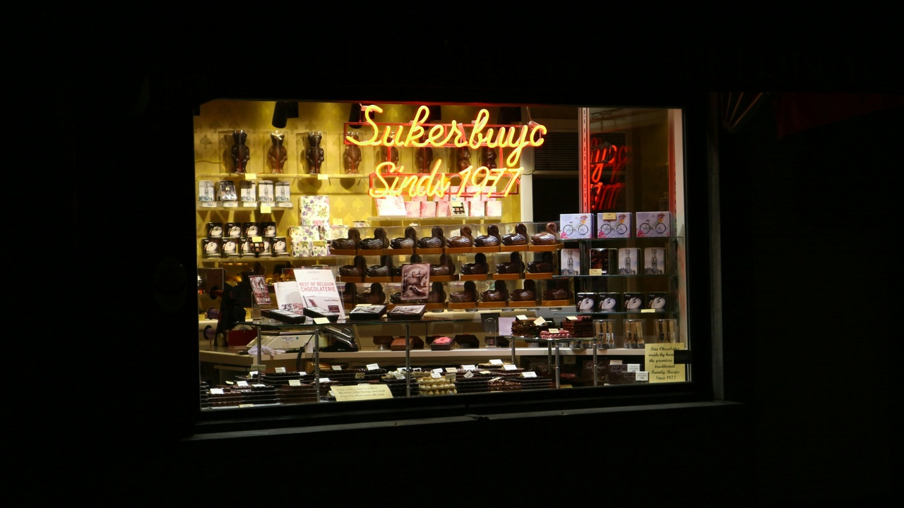 Interior of a Belgian chocolate shop with pralines on display