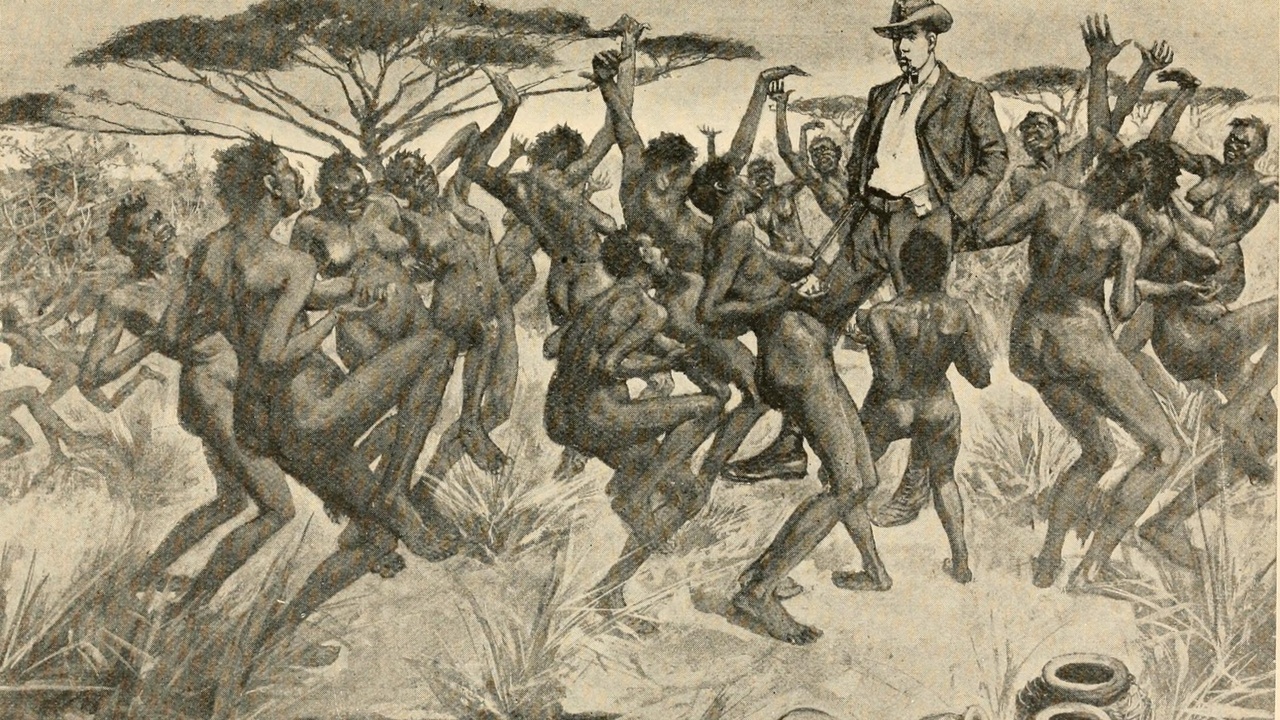 Cattle camp with Dinka herders and palisade, Imatong Mountains ridge in background