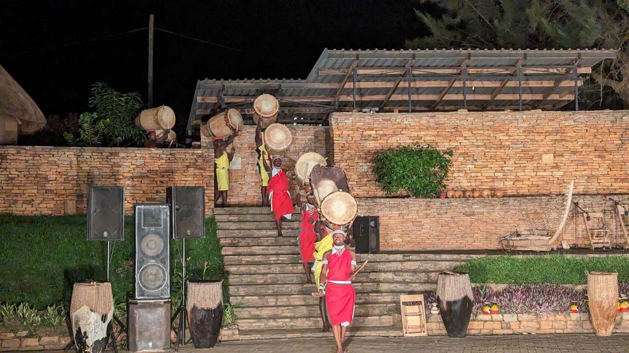 Traditional drummers and dancers performing in a Burundian village
