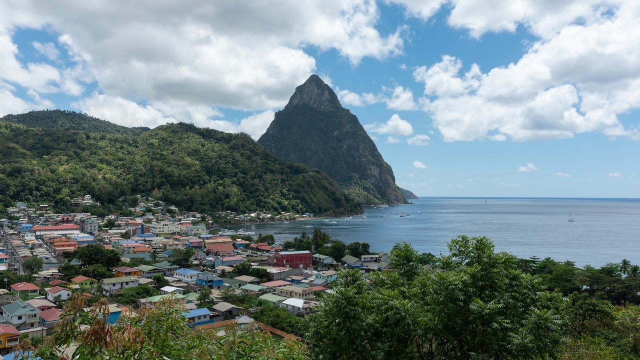 Gros Piton and Petit Piton rising above the Caribbean Sea