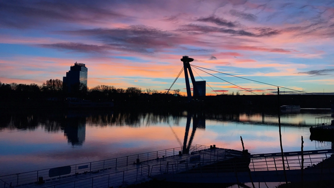 Danube riverside and UFO Bridge in Bratislava