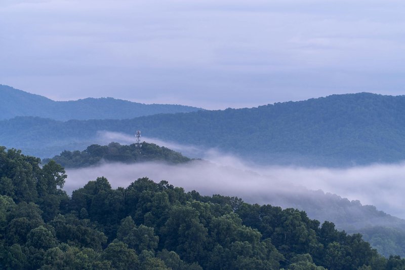 Foggy morning landscape of the Blue Ridge Mountains near Asheville, North Carolina.