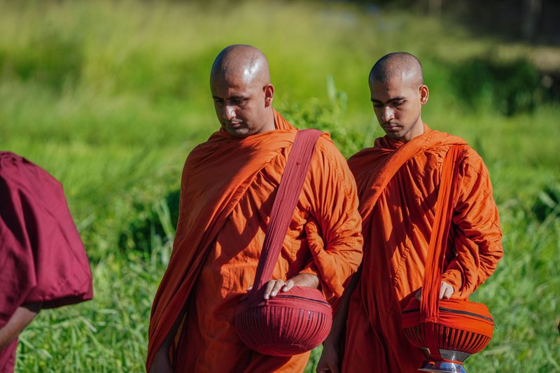 Buddhist monks in vibrant robes walking outdoors, holding alms bowls during a spiritual procession.