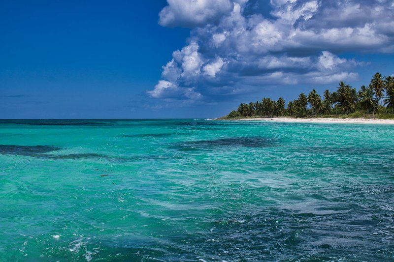 Breathtaking view of a tropical beach with turquoise waters, palms, and skies filled with clouds.
