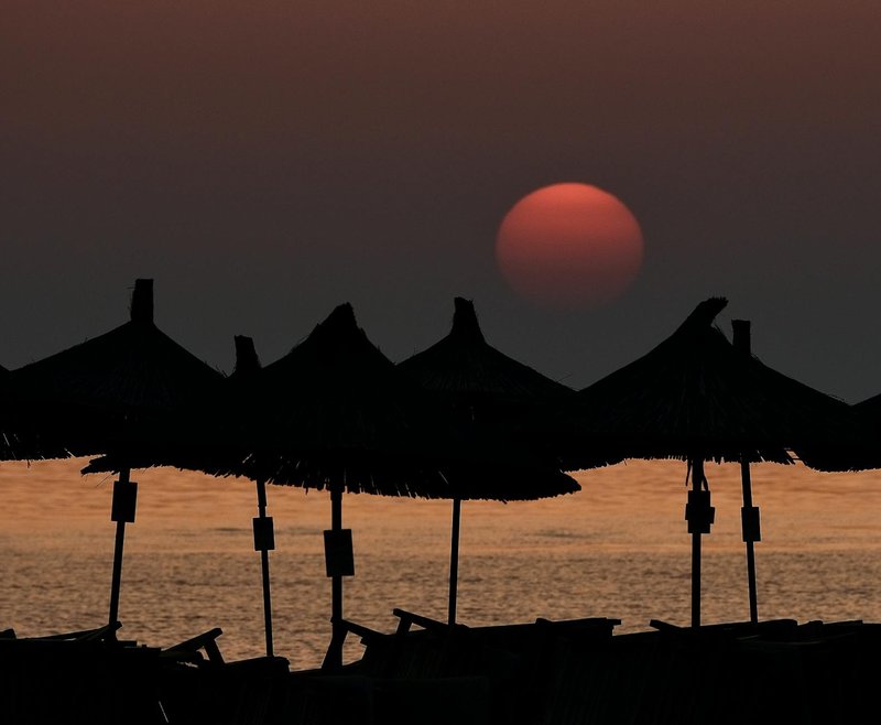 Stunning beach sunset in Durres, Albania, with silhouetted umbrellas against a vibrant sky.