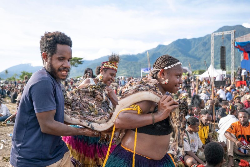 A vibrant cultural celebration in Papua New Guinea featuring traditional attire and performances.