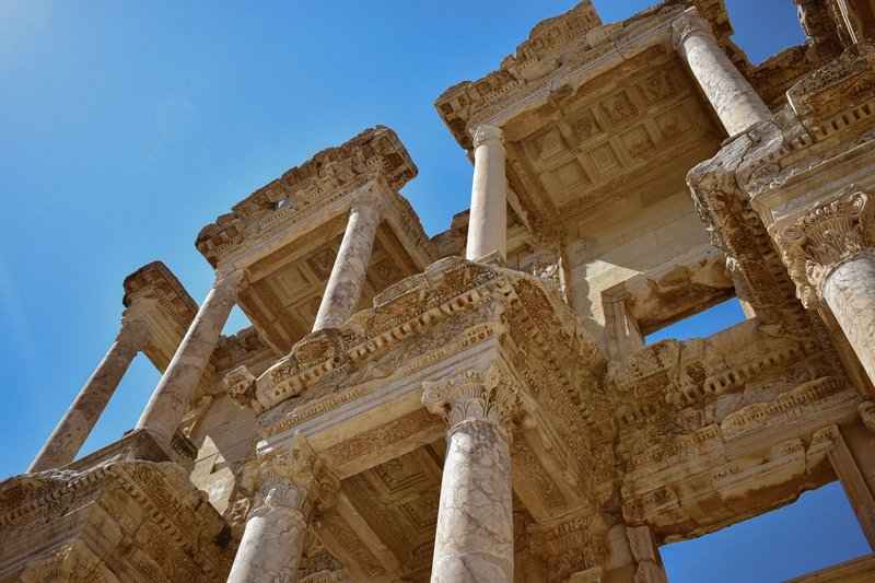 Stunning low angle view of ancient Celsus Library ruins in Ephesus, İzmir, Turkey.