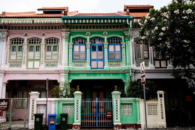 Vibrant Peranakan-style houses showcasing detailed architecture in Singapore.