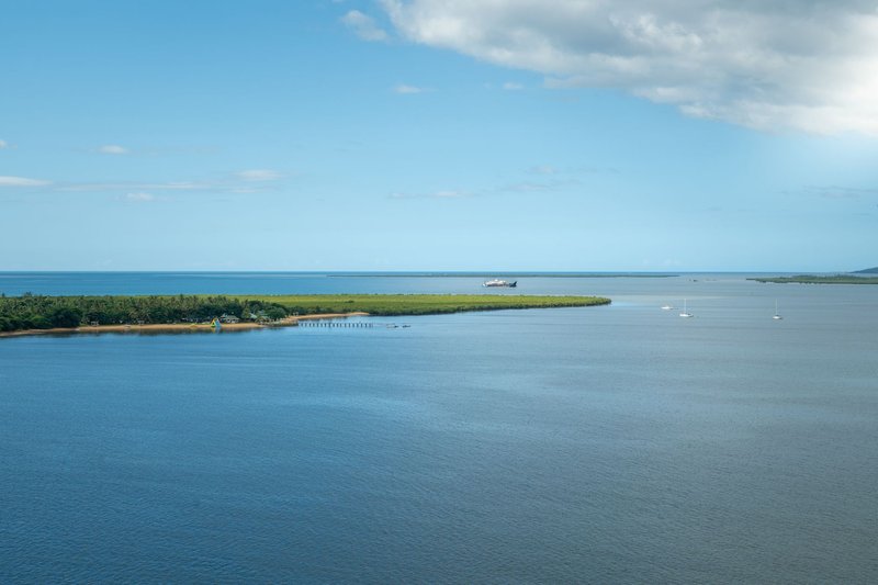 Scenic ocean view near Suva, Fiji, with clear skies and calm waters.