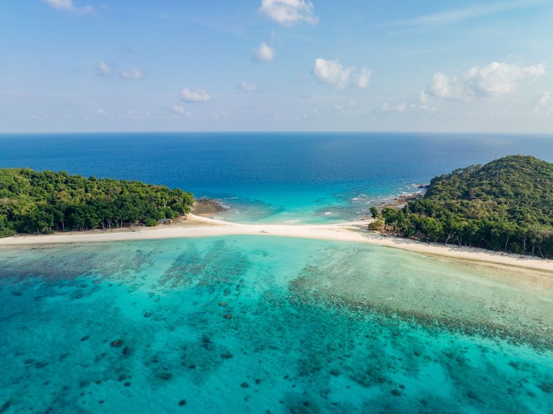 Stunning aerial view of Cinque Island's pristine white sand beaches and turquoise waters in India.