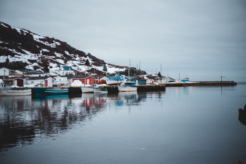Small fishing village with boats moored at seafront in peaceful day with calm water and snowy mountain above