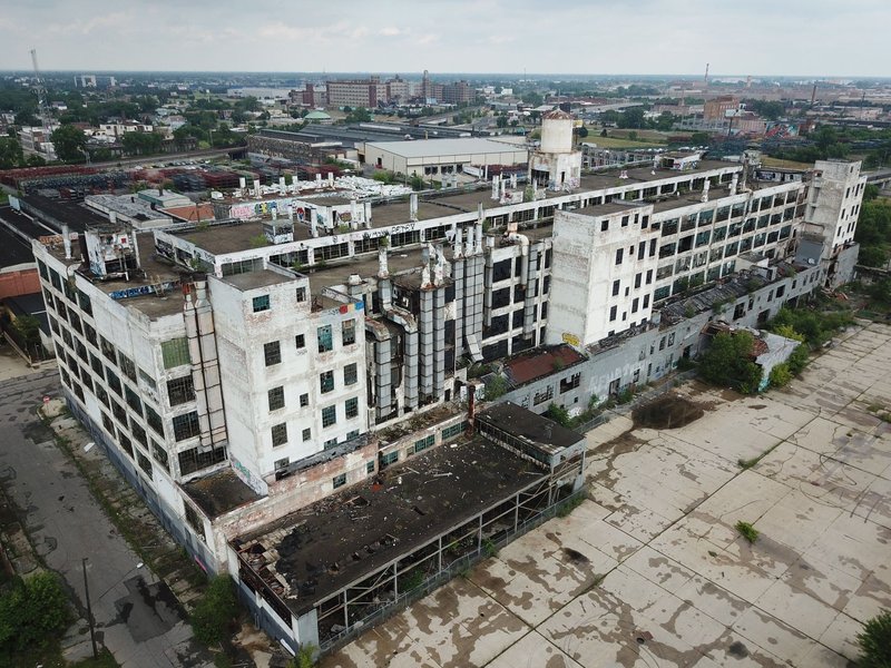 An aerial shot of the decaying Fisher Body Plant 21 in Detroit, USA.