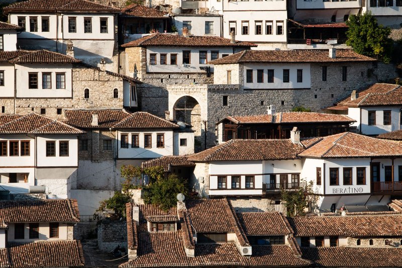Traditional Ottoman houses in Berat, Albania, showcasing classic architecture and rich history.