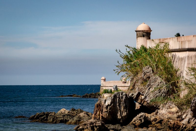 A scenic coastal fortress overlooking the sea with rugged rocks and lush greenery.