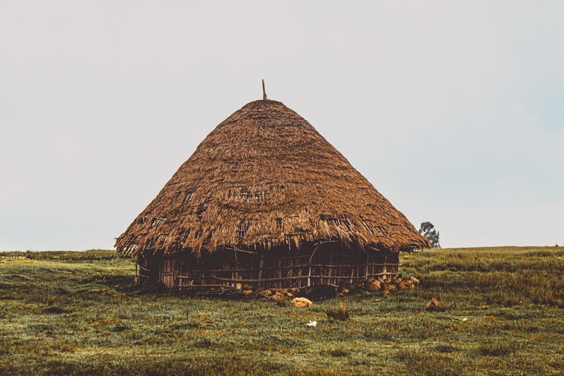 A traditional round Gurage hut set in the vibrant Southern Ethiopian countryside, showcasing unique cultural architecture.