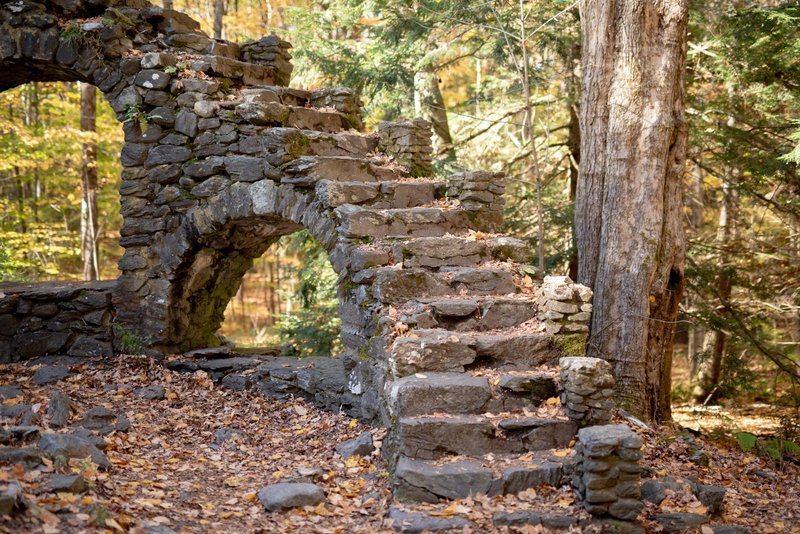 Ancient stone ruins surrounded by autumn foliage in a peaceful forest setting.