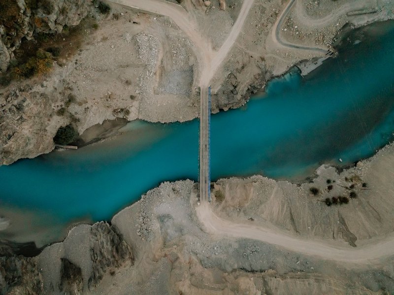 A striking aerial shot of a bridge crossing a turquoise river in the Himalayan landscape.