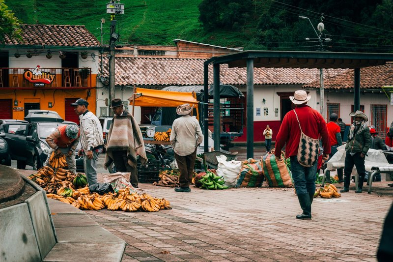 Fruit vendors in Belmira town square, showcasing a lively Colombian market with bananas and buyers.