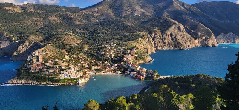 Breathtaking aerial view of Asos village nestled on the coast of Kefalonia, Greece.