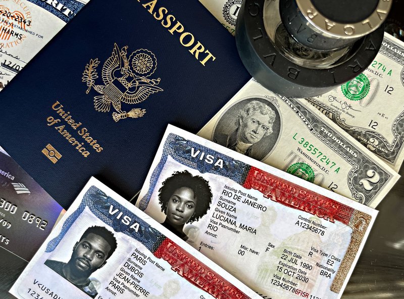 Close-up of a US passport, visa documents, currency, and stamps.