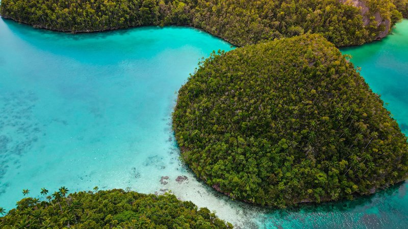 A stunning aerial view of lush, tropical islands surrounded by turquoise waters in Indonesia.