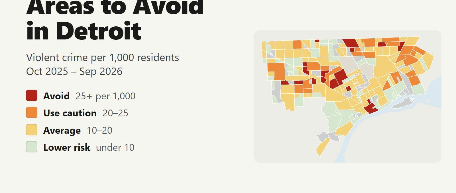 Map of Detroit neighborhoods colored by violent crime rate per 1,000 residents