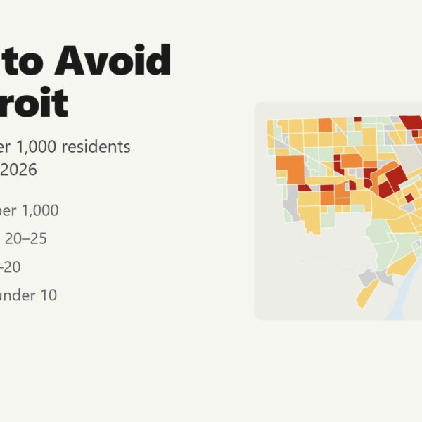 Map of Detroit neighborhoods colored by violent crime rate per 1,000 residents