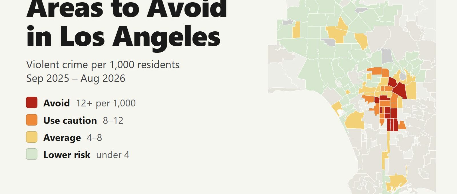 Map of the areas to avoid in Los Angeles by violent crime rate per 1,000 residents