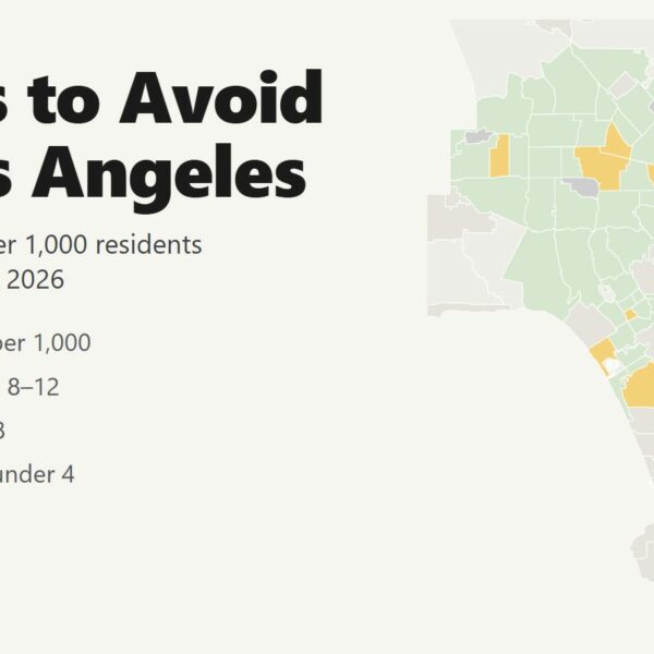 Map of the areas to avoid in Los Angeles by violent crime rate per 1,000 residents