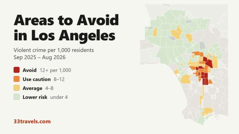 Map of the areas to avoid in Los Angeles by violent crime rate per 1,000 residents