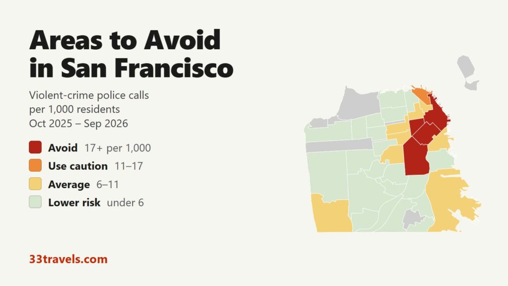 Map of the areas to avoid in San Francisco by neighborhood, with the Tenderloin, South of Market, the Mission and the Financial District in red