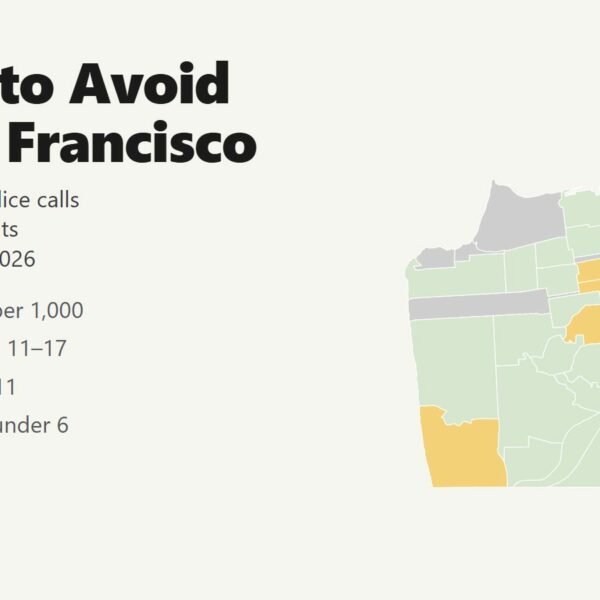 Map of the areas to avoid in San Francisco by neighborhood, with the Tenderloin, South of Market, the Mission and the Financial District in red
