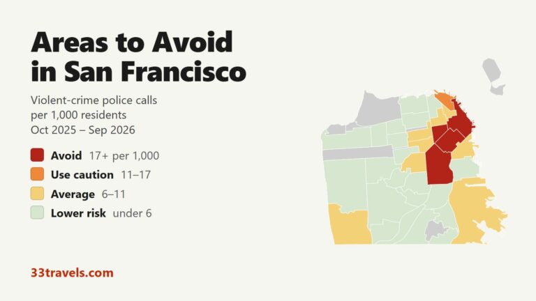 Map of the areas to avoid in San Francisco by neighborhood, with the Tenderloin, South of Market, the Mission and the Financial District in red