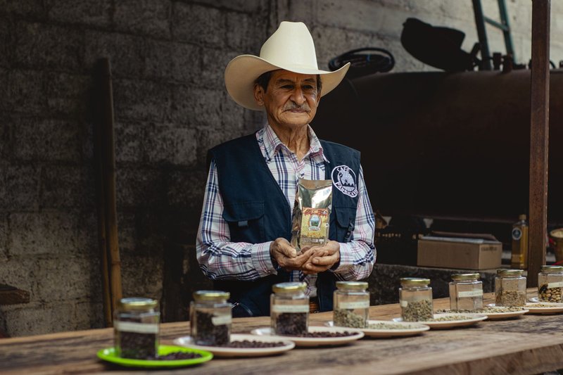 An elderly farmer showcases different types of coffee seeds and beans outdoors, highlighting traditional agriculture.