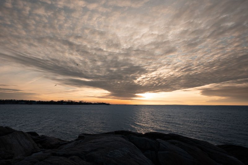 Dramatic sunrise landscape at Cove Island Park, Stamford, with vibrant skies over the water.